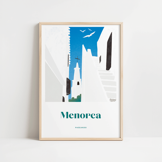 Minorque, Espagne | affiche de voyage | Art mural moderne I Destination Menorca - Binibeca - Horizons Illustrations