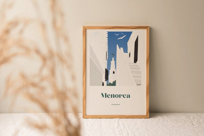 Minorque, Espagne | affiche de voyage | Art mural moderne I Destination Menorca - Binibeca - Horizons Illustrations